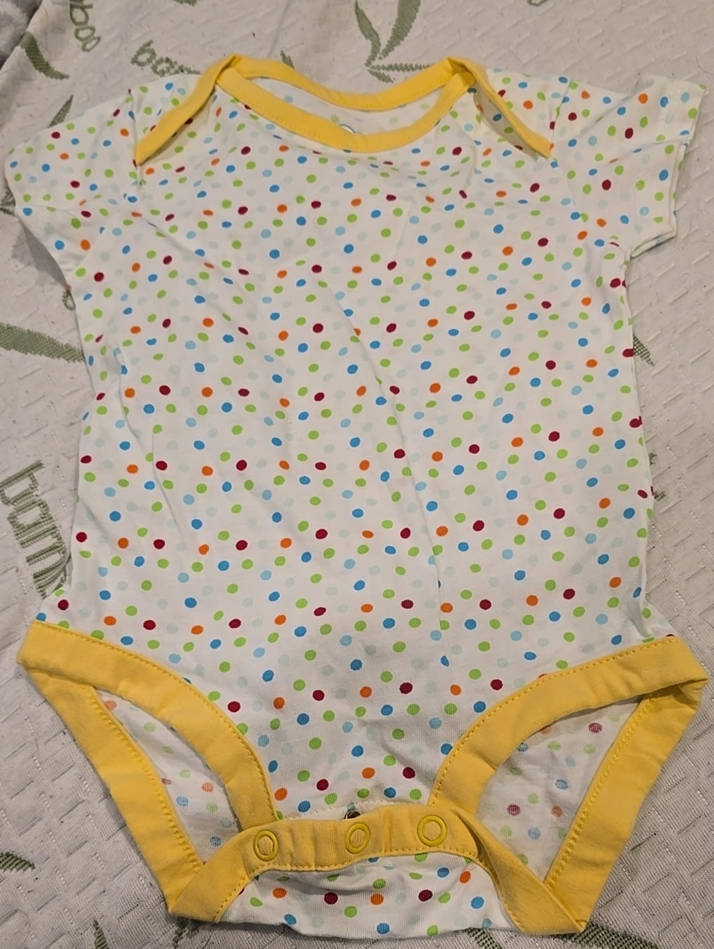 ❤️10/$13 Avon White Baby One-Piece with Multicolored Polka Dots and Yellow Trim
